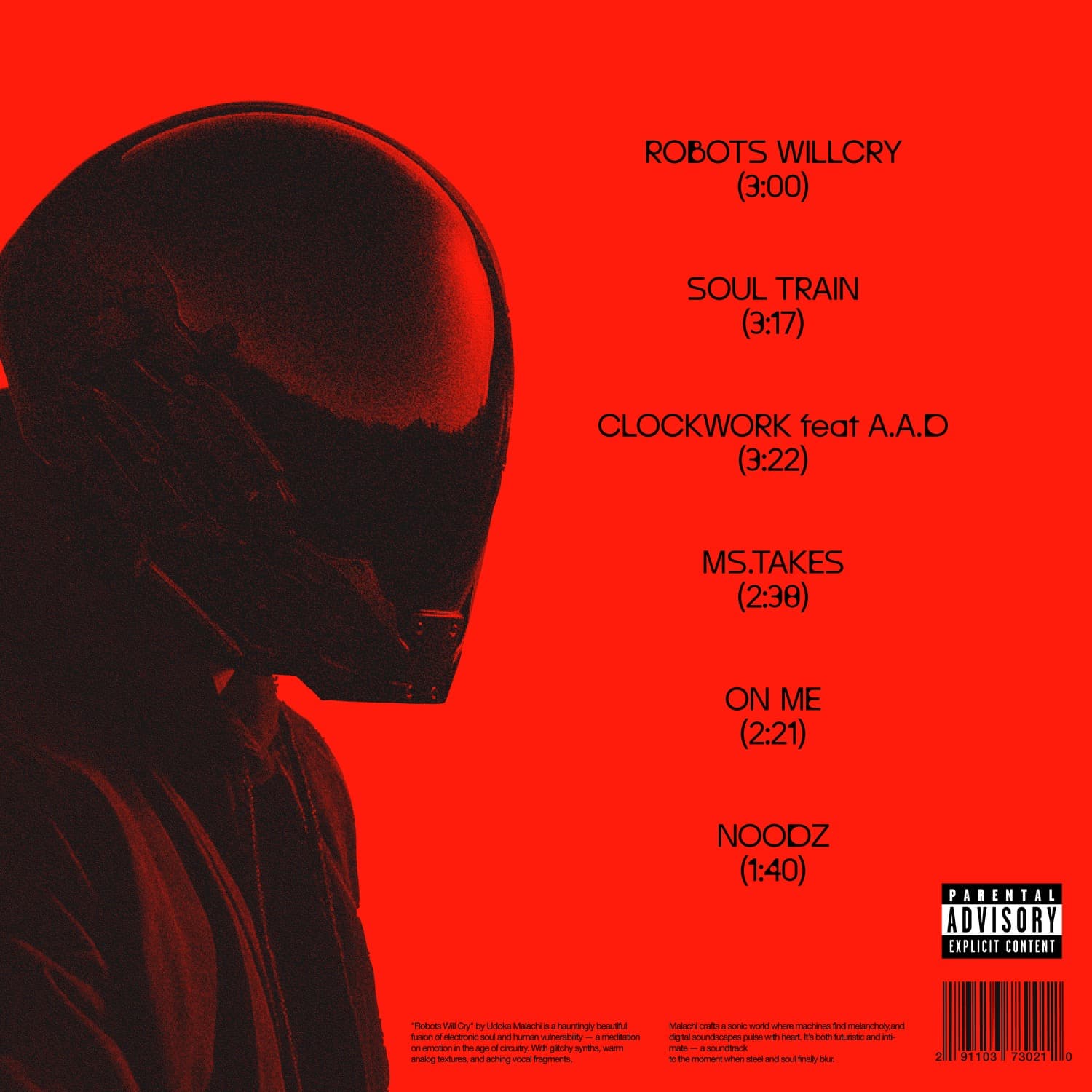 Robots Will Cry reverse artwork — a helmet in profile beside the tracklist