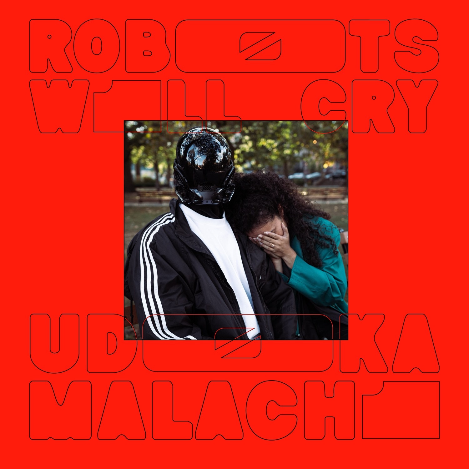 Robots Will Cry cover artwork — a figure in a black helmet beside a woman covering her face